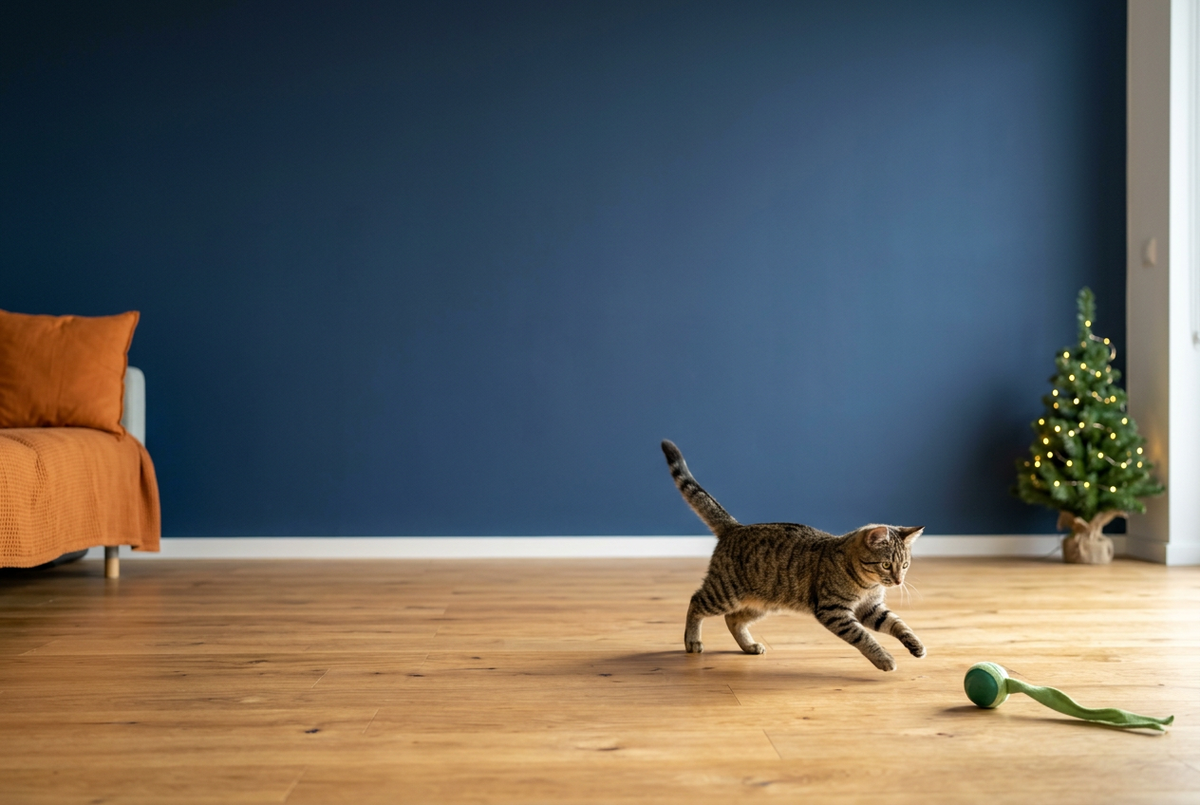 Banner horizontal fotorrealista con gato atigrado y pelota verde, detalles navideños y espacio libre para el título